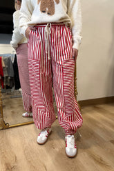 Mixed Stripe Wide Leg Cinch Pants Red