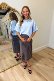 Contrast Knit Short Sleeve Sweater Blue