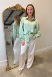 Feminine Silk Tie Front Blouse Green