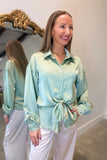 Feminine Silk Tie Front Blouse Green