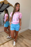 Floral Embroidery Puff Sleeve Knit Top Pink