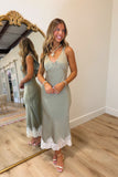 Lined with Lace Satin Midi Dress Green