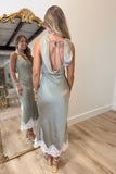 Lined with Lace Satin Midi Dress Green