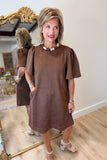 THML Short Sleeve Suede Dress Brown