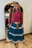 Tiered and Trimmed Lace Skirt Teal