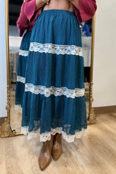 Tiered and Trimmed Lace Skirt Teal