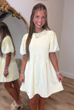 Pleated Promises Puff Sleeve Dress Yellow