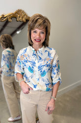 Renuar Printed Roll Up Sleeve Blouse Ocean