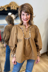 Umgee Leopard Trim Blouse Mocha