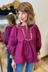 Umgee Leopard Trim Blouse Wine