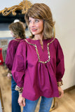 Umgee Leopard Trim Blouse Wine