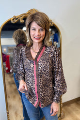Umgee Ruffle Trim Leopard Print Blouse Olive