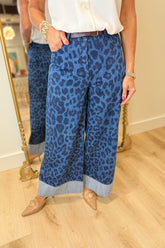 Renuar Cuffed Wide Leg Pant Indigo Leopard