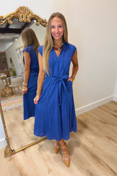Elan V Neck Tie Midi Dress Navy