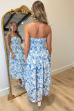 Toile Strapless Midi Dress Blue
