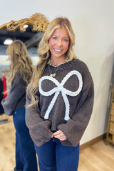 Bow Fever Chunky Knit Sweater Brown