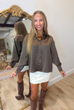Elan Satin Long Sleeve Button Down Brown