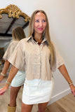 Elan Sedona Striped Button Down Top Sand