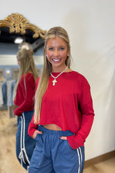 Cropped Cutout Back Long Sleeve Tee Red
