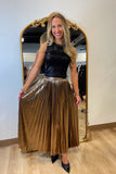 Bronze Metallic Pleated Maxi Skirt