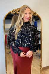 Elan Smocked Dot Blouse Black