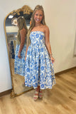 Toile Strapless Midi Dress Blue