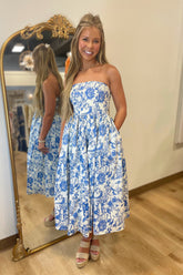 Toile Strapless Midi Dress Blue