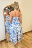 Toile Strapless Midi Dress Blue