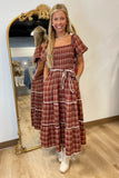 Perfect Puffed Plaid Midi Dress Brick