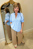 Umgee Smocked Bodice Blouse Blue