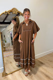 Simple Southern Social Puff Sleeve Midi Dress Brown