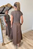 October Awaits Shirred Midi Dress Brown