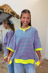 Braxton Striped Oversized Top Sea/Pnk