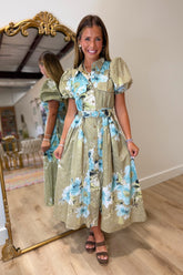 Sloane Puff Sleeve Floral Midi Dress Olive