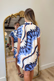 THML Short Sleeve Abstract Button Up Dress Blue