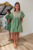 Mary Square Piper Embroidered Dress Olive
