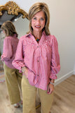 Umgee Striped Smocked Button Down Top Red