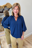 Umgee Bubble Sleeve V Neck Top Navy