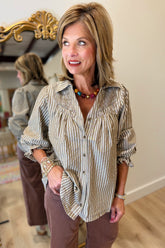 Umgee Striped Smocked Button Down Top Mocha