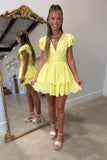 Amalfi Lemon V Neck Smocked Romper Dresss