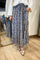 Fields of Floral Tiered Maxi Skirt Blue