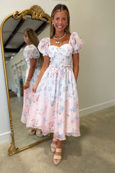 Ribboned Rosebud Midi Dress Pink