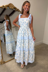 Blooming Blue Shoulder Tie Midi Dress