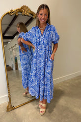 Umgee Abstract Print Tiered Dress Royal