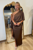 Luxe Love One-shoulder Side-slit Maxi Dress Brown