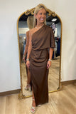 Luxe Love One-shoulder Side-slit Maxi Dress Brown