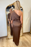 Luxe Love One-shoulder Side-slit Maxi Dress Brown