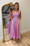 Stripe Theory Smocked Midi Dress Red Blue