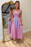 Stripe Theory Smocked Midi Dress Red Blue
