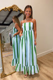 Coastal Clover Striped Midi Dress Blue Green